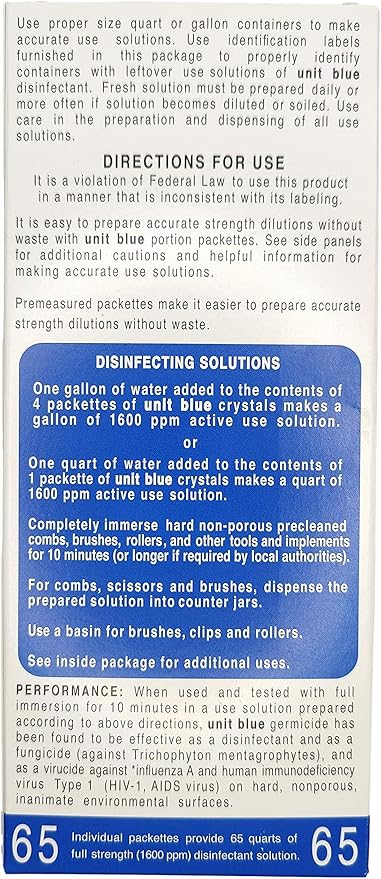 Unit Blue Barber Germicidal Disinfectant Concentrate for Barbers, Anti-Rust Formula, Sterilize Barber Tools, Scissor, Clips, Razors, Brush, Combs & More, 65 Sachets Makes 65 QT Solution at 1600 PPM