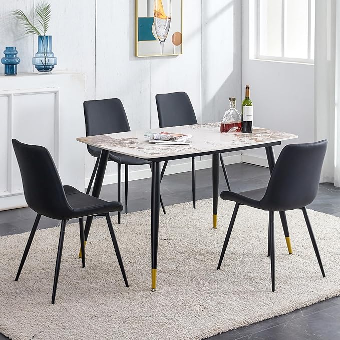Marble Modern Dining Table Set for 4, 50" Sintered Stone Kitchen Table and 4 Upholstered PU Leather Chair Dining Room Table Set for 4(1Marble Table and Black Chairs Set of 4)