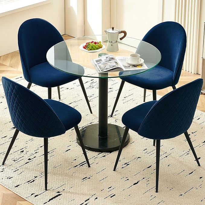 5-Pieces Small Round Kitchen Dining Table Set for 4, Contemporary Glass Dining Room Breakfast Table Set with Upholstered Dining Accent Chairs Curved Backrest, Dinette Set for Apartment
