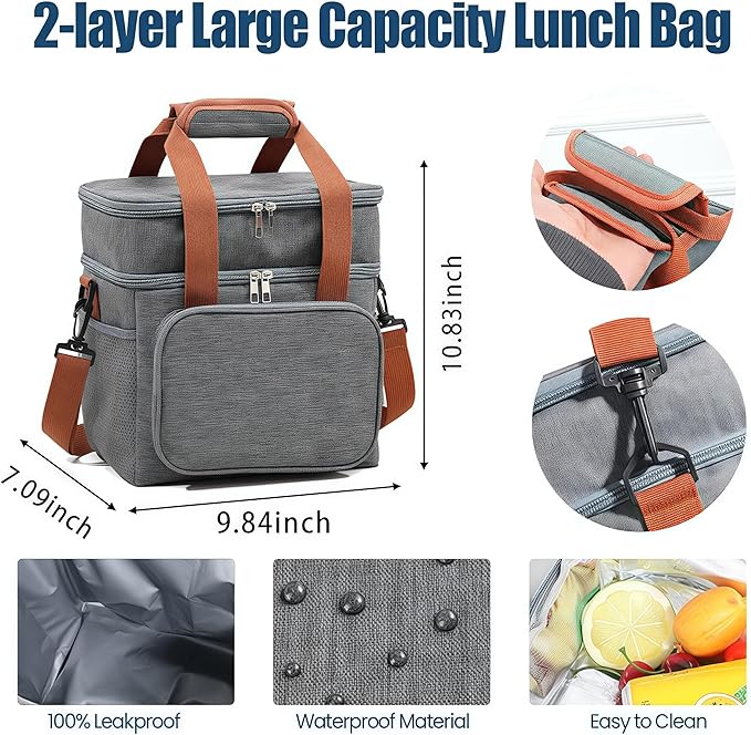 16 litres Insulated Lunch Bag for Men & Women, 2 Deck Lunch Box with Leak-Proof, Insulated Cooler Bag, Reusable Lunch Tote, with Adjustable Shoulder Strap for Office Picnic Hiking Beach