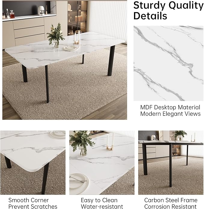 Extendable Dining Table Set for 6-8 People, 63 to 78.7 Inch MDF Kitchen Table with 8 Faux Leather Dining Chairs, Space-Saving for Dining Room, Breakfast Nook (White Table & 8 White Chairs)