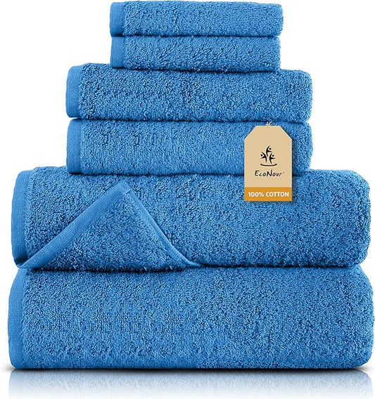 EcoNour Luxury 6-Piece Cotton Towel Set | 100% Navy Blue Turkish Cotton Towels for Bathroom, Spa, Gym & Hotel | Includes 2 Bath Towels, 2 Hand Towels, 2 Wash Cloths | Soft,Quick Dry & Highly Absorbent