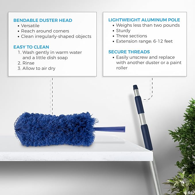 Cobweb Duster with Extension Pole, Plus Size Microfiber Ceiling Fan Duster Extendable 20 feet Reach, 3-Stage Aluminum Telescoping Pole Long Handle Webster Duster for Cleaning