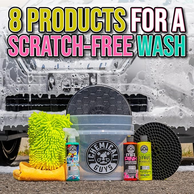 Chemical Guys HOL_128 Car Cleaning Kit, with Car Wash Soap, Car Wash Bucket and 16oz Car Care Cleaning (8 items)