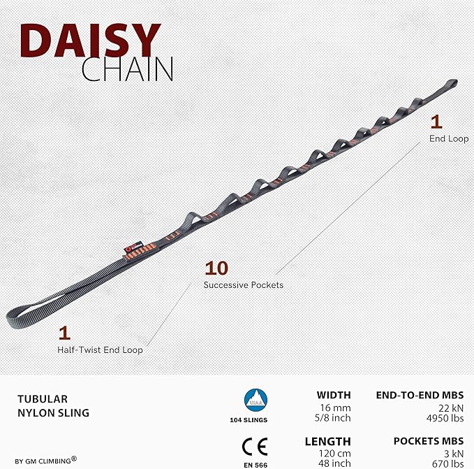 GM CLIMBING 16mm Nylon Daisy Chain Sling 22kN 120cm / 48in CE UIAA Certified for Leading Aid Climb Ascender Rigging Hammock Suspension