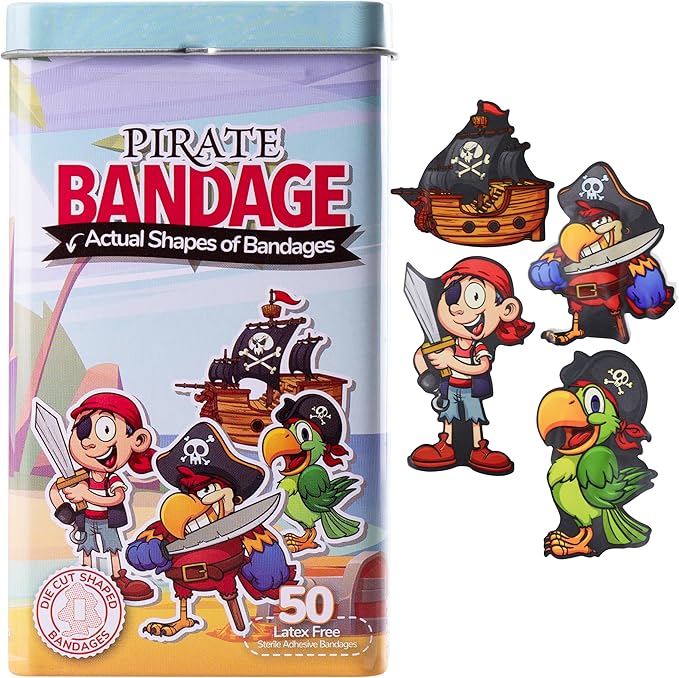 BioSwiss Kids Bandages, Pirate Shaped Self Adhesive Bandage Set, Latex Free, Sterile Wound Care, 50 Count