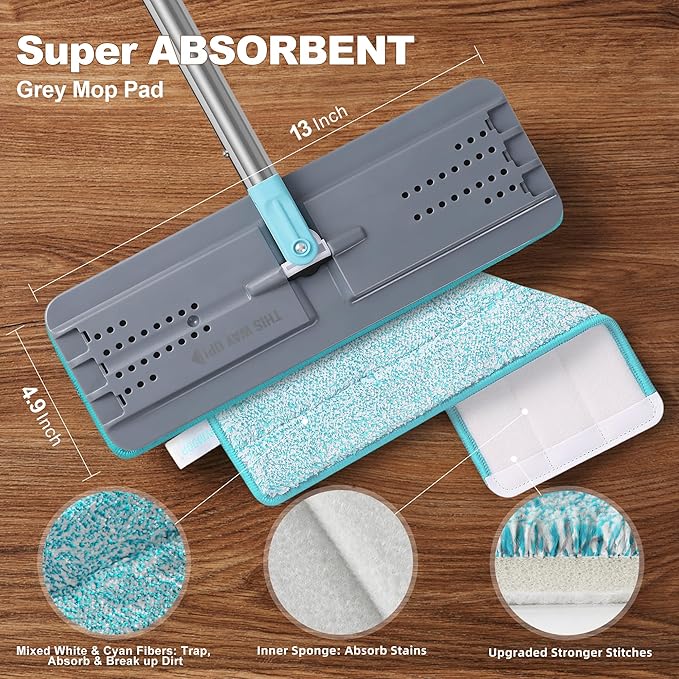 JOYMOOP Flat Mop, Microfiber Mops for Floor Cleaning and Wall Cleaner, 60" Long Handle with Flexible 13" Flat Head with a Microfiber Mop Pad - Grey & Cyan Blue