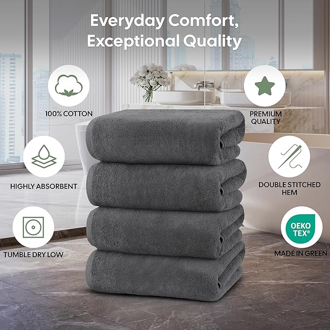 EcoNour 4 Pack Dark Grey Bath Towels (27x54 Inch, 550 GSM) | 100% Cotton Soft & Absorbent Towel Set | Quick-Dry, Lightweight, Durable Bathroom Towels for Home, Gym, Spa & Travel