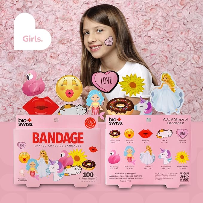 BioSwiss Kids Bandages, Assorted Animal, Fun and Food Shaped Self Adhesive Bandage for Girls, Latex Free, Sterile Wound Care, 100 Count