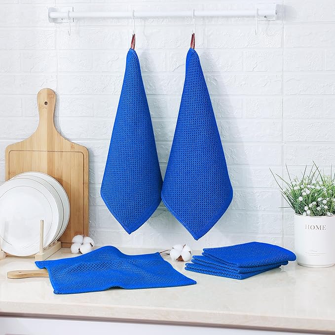 Kitinjoy 100% Cotton Kitchen Dish Cloths, 6 Pack Waffle Weave Ultra Soft Absorbent Dish Towels for Drying Dishes Quick Drying Kitchen Towels Dish Rags, 12 X 12 Inches, Blueberry