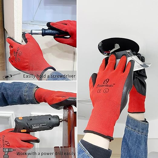 I9 Essentials Work Gloves 12 Pairs – Red Seamless Knit Gloves with Nitrile Coated Palm & Fingers, Breathable Safety Grip for Men & Women, General Duty, Construction, Warehouse (Large)