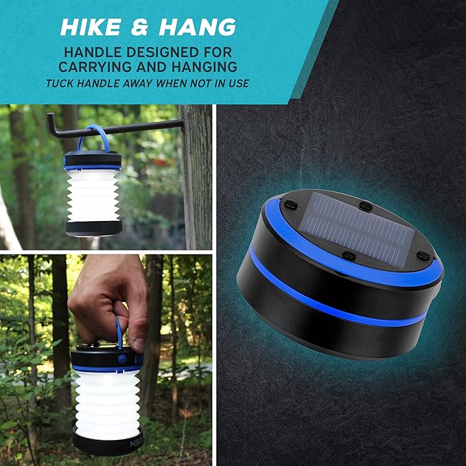 Kizen Outdoor Solar Lantern - Solar or Plug Rechargeable Lantern - Collapsible LED Light for Power Outages - Camping Essential Lamp for Tent Light, Hanging, or Flashlight