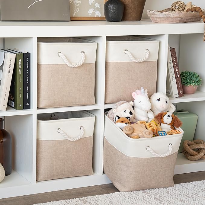 OrganiHaus 12x12 Cube Storage Bins 4 Pack, Foldable Cube Storage Organizer w/ Rope Handles, Collapsible Fabric Bins for Toys, Clothes & Closet Organization, Fabric Square Baskets - Beige/White