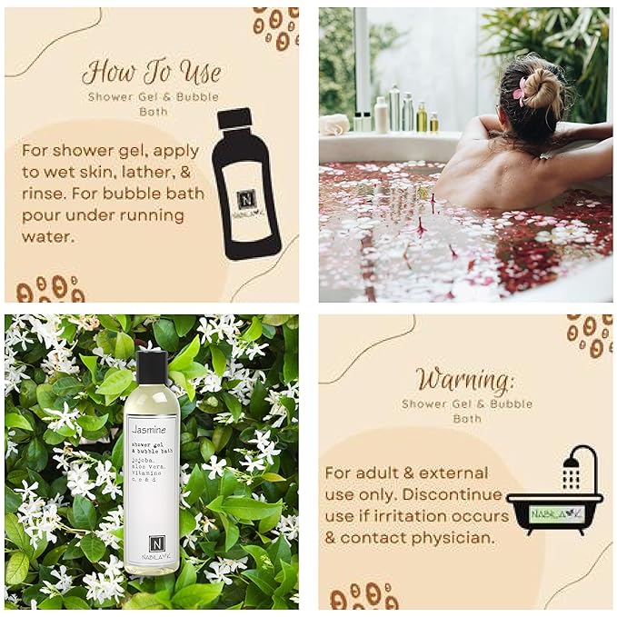 Nabila K Jasmine Shower Gel & Bubble Bath, 2.4 oz – Non-Drying Body Wash with Jojoba, Aloe Vera & Vitamins – Naturally-Derived, Sulfate-Free – Made in USA – For Men & Women