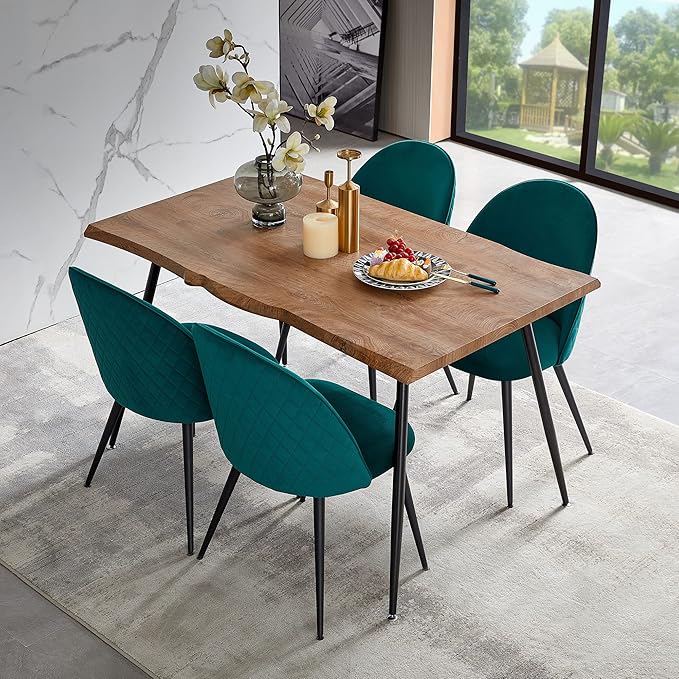 Modern Kitchen Table with Chairs Upholstered Set for 4, Stylish Brown Dining Table Wooden with Dark Green Velvet Dining Side Chairs Comfy with Cushion Seat for Apartment, Living Room