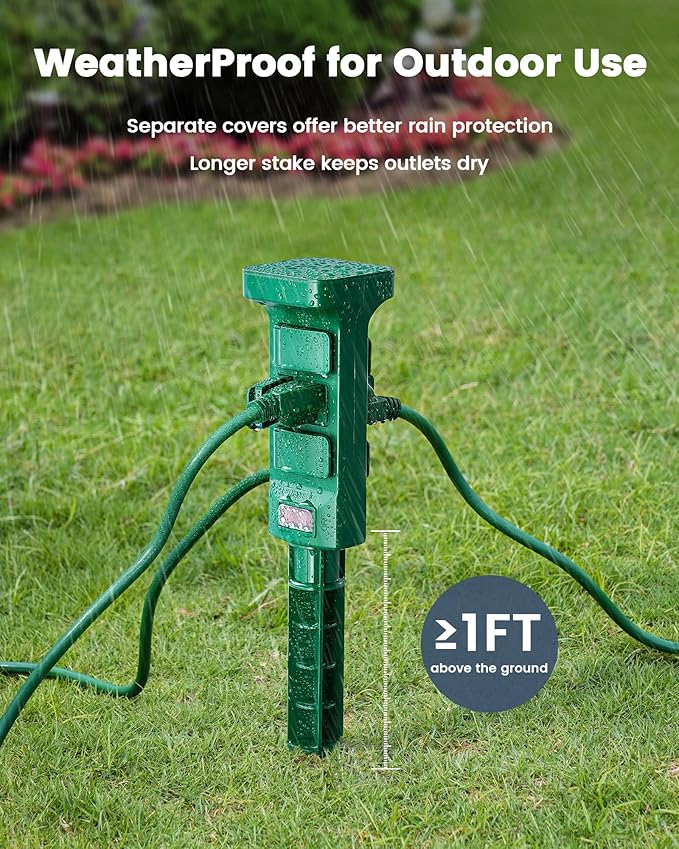 SURAIELEC Outdoor Power Stake Waterproof, 6 Grounded Outlets Power Strip Weatherproof, 15FT Extension Cord Outlet for Yard, Garden, Christmas Light, Patio Lights, Ponds, 1875W/15A, Green