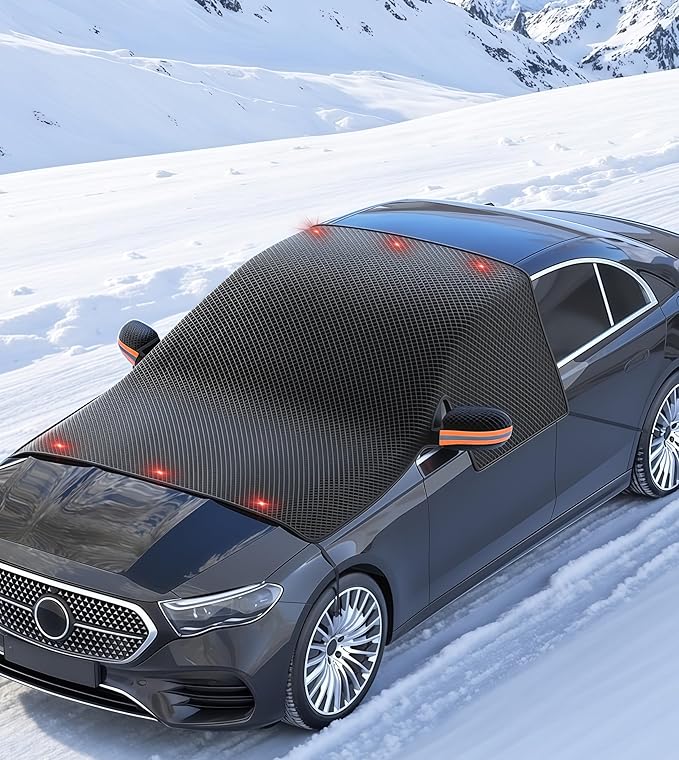 Windshield Snow Cover,Oxford Fabric Winter Frost Cover with Side Window and Rearview Mirror Protector, Extra Large Magnetic Frost Guard Windshield Cover for Most Cars,SUV,Sedan,Truck (Orange)