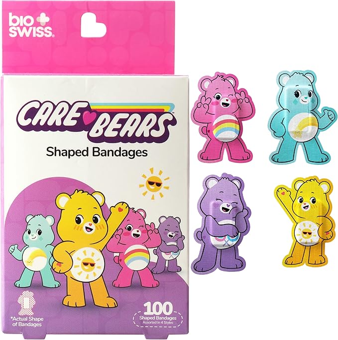 BioSwiss Care Bears Kids Bandages, Unlock The Magic Care Bear Shaped Self Adhesive Bandage Set, Latex Free, Sterile Wound Care, 100 Count