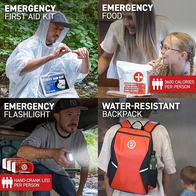 Earthquake Kit - 72 HRS Essential Emergency Survival Kit, Heavy Duty 72 Hour Bug Out Bag Survival Kit for Earthquake, Hurricane, Tsunami - Include Emergency First Aid Kit, Water, Food (Red 3 Person)