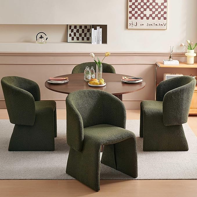 Dining Table Set for 4, 47" Round Kitchen Table and Green Upholstered Barrel Dining Room Chairs Set, Rustic Dinette Set, Engineered Wood Two-Part Tabletop with Walnut Finish