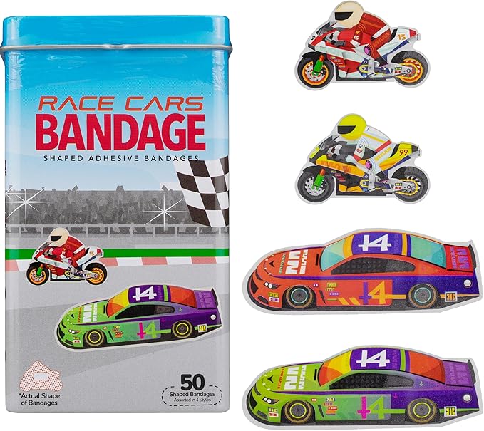 BioSwiss Kids Bandages, Race Cars Shaped Self Adhesive Bandage Set, Latex Free, Sterile Wound Care, 50 Count