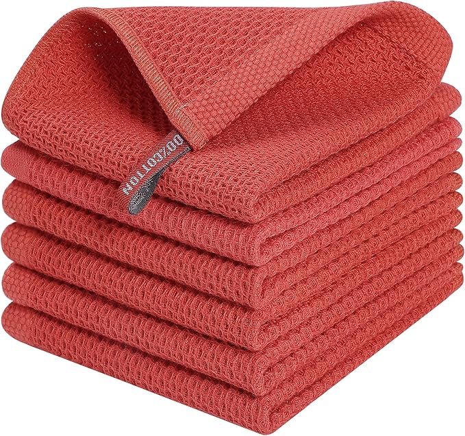 Kitinjoy 100% Cotton Kitchen Dish Cloths, 6 Pack Waffle Weave Ultra Soft Absorbent Dish Towels for Drying Dishes Quick Drying Kitchen Towels Dish Rags, 12 X 12 Inches, Brick Red