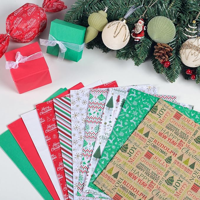 BLEWINDZ 150 Sheets Christmas Tissue Paper, 20" x 20", 10 Festive Designs, Ideal for Gift Wrapping, DIY Crafts & Holiday Decor