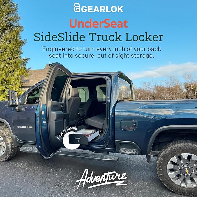 GearLok UnderSeat SideSlide Truck Locker – Secure Under Seat Storage for Trucks – Lockable Truck Organizers and Storage for Tools, Ammo and Equipment