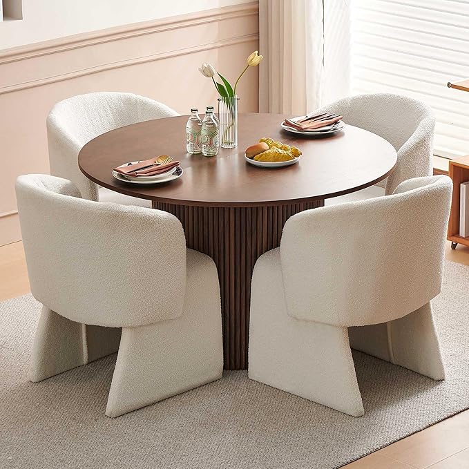Kitchen Dining Table Set for 4, Farmhouse Round Dining Room Table and 4 Seated Dining Accent Chairs Curved Backrest&Armrest, Modern Dining Room Table Set for Home Dining Hall