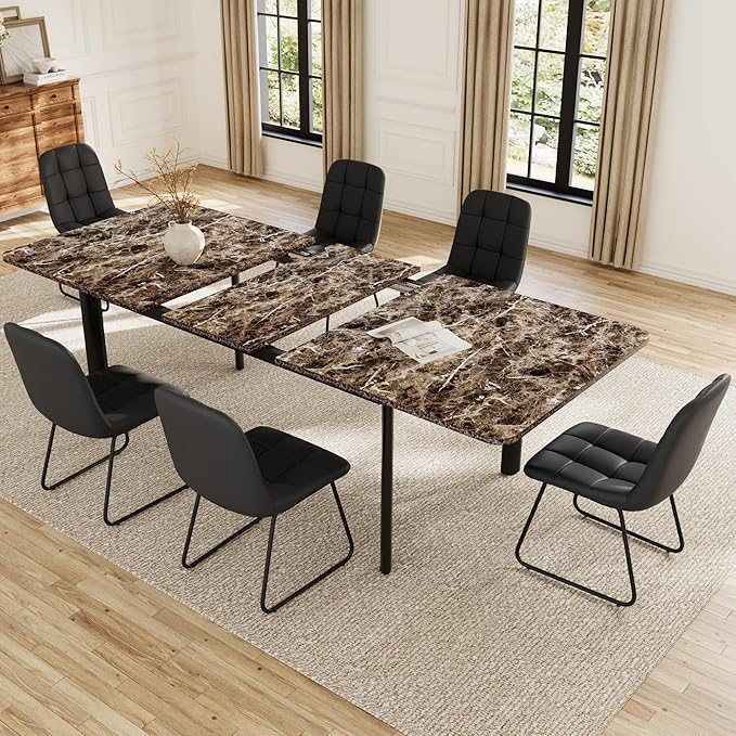 Extendable Dining Table Set for 6-8 People, 63 to 78.7 Inch MDF Kitchen Table with 6 Upholstered Chairs, Space-Saving for Dining Room, Breakfast Nook (Brown Table & 6 Black U-Shaped Chairs)