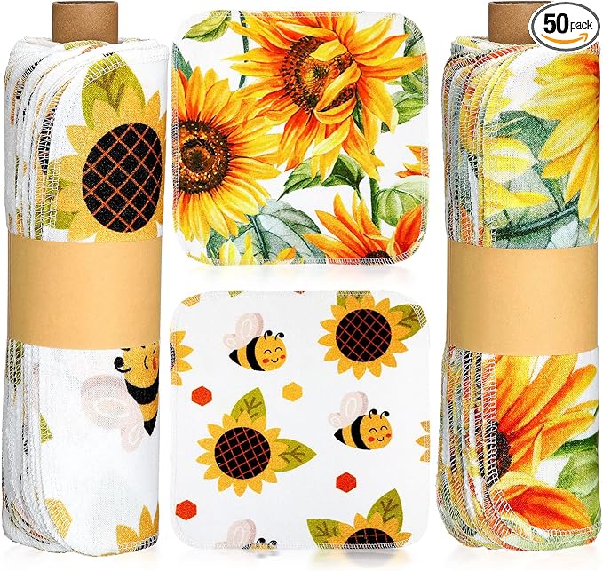 Redbaker 50 Pcs Reusable Paper Towels Paperless Reusable Cotton Cloths Toilet Absorbent Washable Paper Towels with Roll Kitchen Dishcloth for Kitchen Paperless Dishcloths(Sunflower)