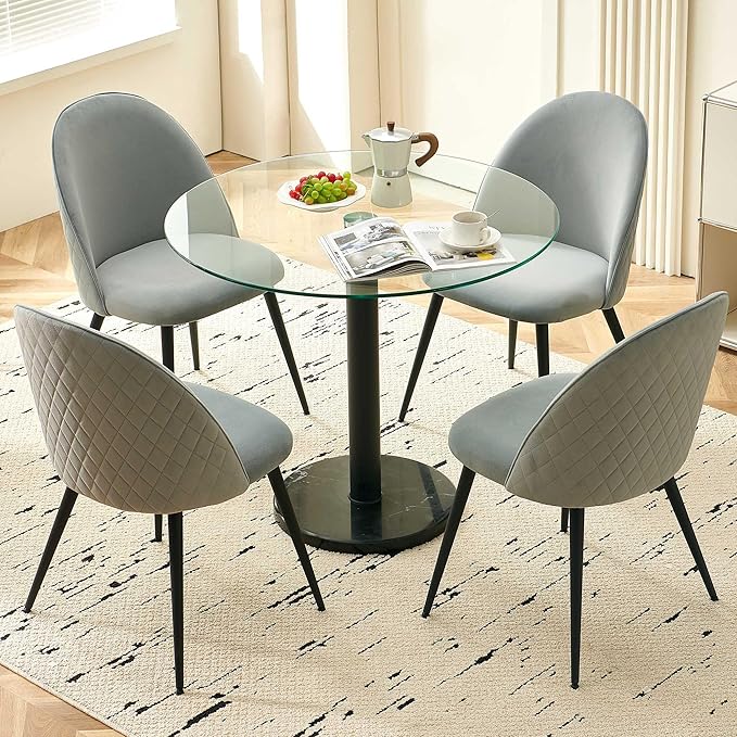 Modern Circle Dining Table Set for 4, 35.43-Inch Kitchen Coffee Table Set with 4 Seated Dining Chairs Upholstered Velvet Reception Room Chairs, Tulip Glass Table Set, Metal and Marble Base