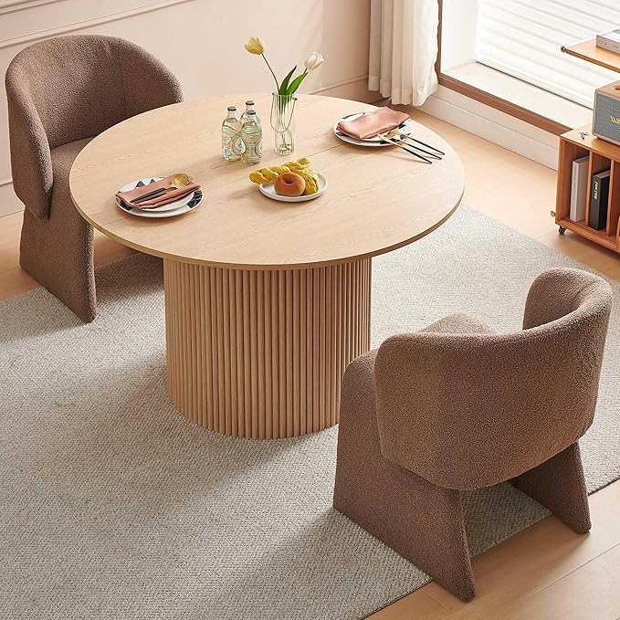 Dining Table Set for 2, 47" Round Kitchen Table with Two-Part Tabletop& Wood Strips Base, Oak Wood Finish Circle Dinner Table with Brown Teddy Velvet Dining Chairs Upholstered
