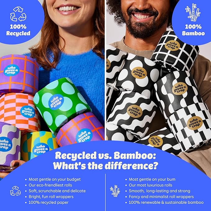 Who Gives A Crap 100% Bamboo Toilet Paper, 48 Rolls, 3 Ply, 370 Sheets, Long, Strong & Soft Toilet Tissue, Sustainable, Biodegradable, Renewable, Tree Free Bathroom Tissue Bulk Toilet Paper