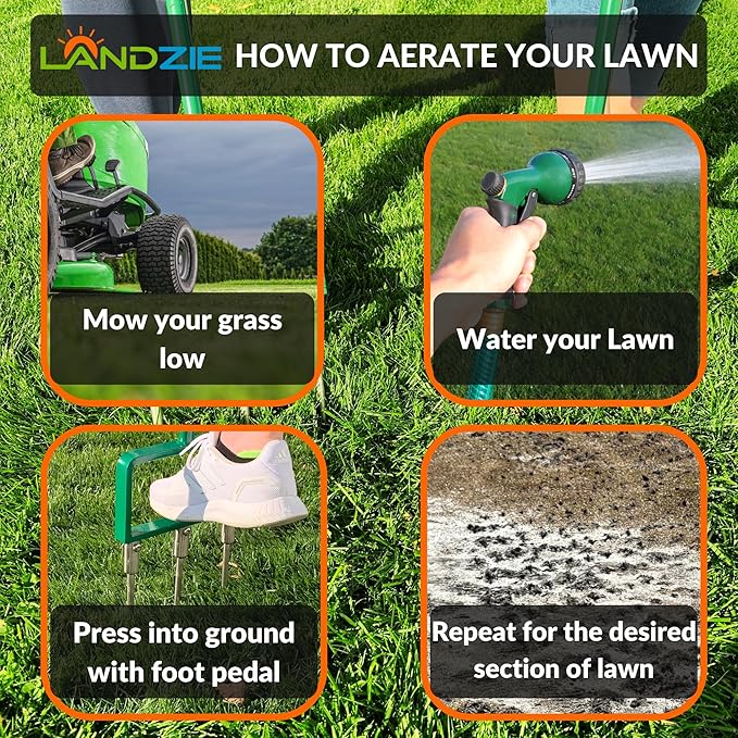 Landzie - The Original Hollow and Spike Tine Lawn Aerator Set - Includes 1 Aerator + Set of 3 Hollow Tines and 3 Spike Tines - 42 Inch Manual Stainless Steel Gardening Hand Tool