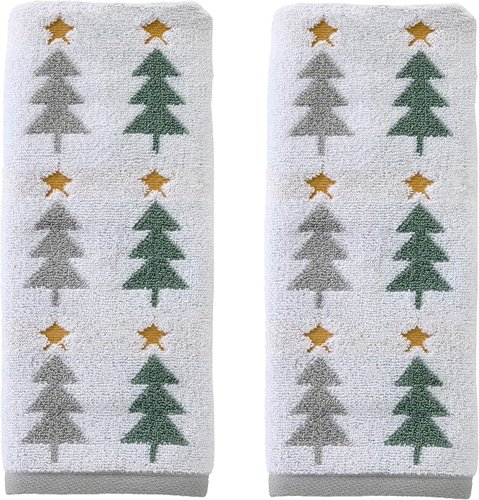 SKL Home Christmas/Winter Multi Trees 100% Cotton Premium 2-Piece Hand Towel Set, 500 GSM, Reversible Jacquard, Soft & Absorbent, Decorative for Bath/Kitchen/Bar, Multi