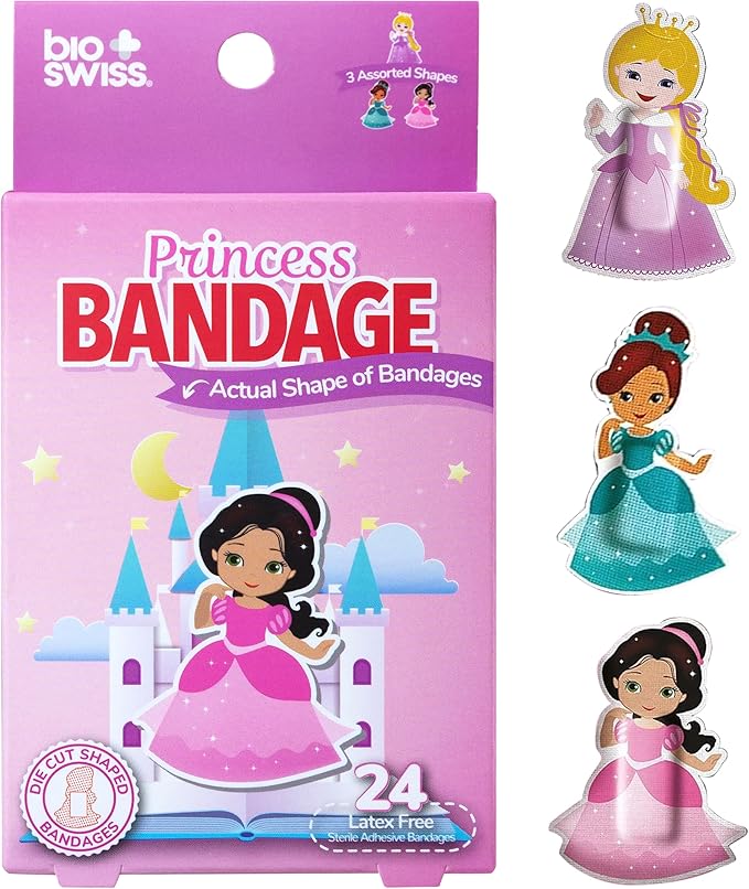 BioSwiss Kids Bandages, Princess Shaped Self Adhesive Bandage Set, Latex Free, Sterile Wound Care, 24 Count