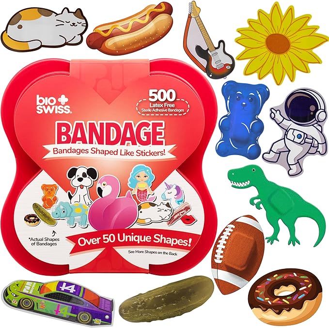 BioSwiss Bandages, Assorted Self Adhesive Bandage, Latex Free Sterile Wound Care, Fun First Aid Kit Supplies for Kids, 500 Count