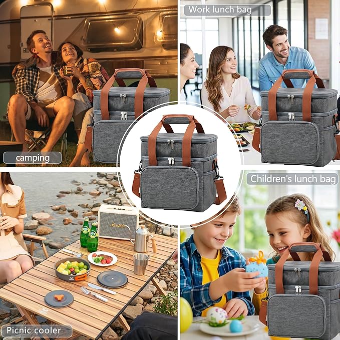 16 litres Insulated Lunch Bag for Men & Women, 2 Deck Lunch Box with Leak-Proof, Insulated Cooler Bag, Reusable Lunch Tote, with Adjustable Shoulder Strap for Office Picnic Hiking Beach