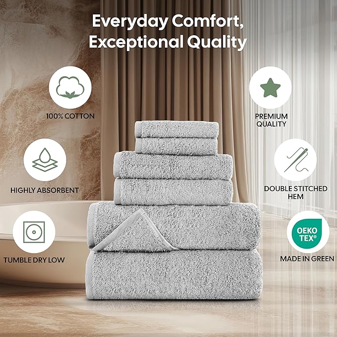 EcoNour Luxury 6-Piece Cotton Towel Set | 100% Grey Turkish Cotton Towels for Bathroom, Spa, Gym & Hotel | Includes 2 Bath Towels, 2 Hand Towels, 2 Wash Cloths | Soft, Quick Dry & Highly Absorbent