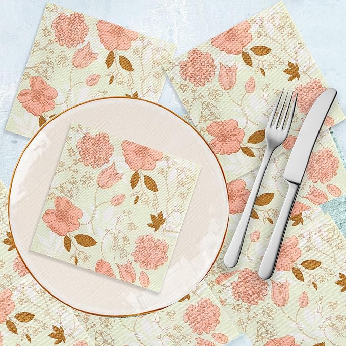 LASLU 100 Floral Guest Napkins Pink and Green Toile Disposable Paper Napkins Decorative Flower Bathroom Hand Towels for Bridal Baby Shower Tea Party Birthday Party Supplies
