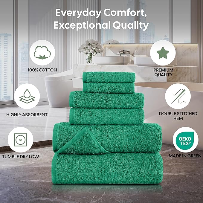 EcoNour Luxury 6-Piece Cotton Towel Set | 100% Green Turkish Cotton Towels for Bathroom, Spa, Gym & Hotel | Includes 2 Bath Towels, 2 Hand Towels, 2 Wash Cloths | Soft, Quick Dry & Highly Absorbent
