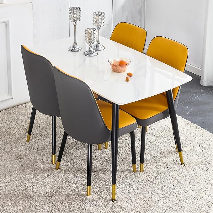 50" White Modern Sintered Stone Dining Table Set for 4 Faux Marble Dining Table with 4 Upholstered PU Leather Chair Dining Room Table Set (1White Table+4Orange and Gray Chairs)