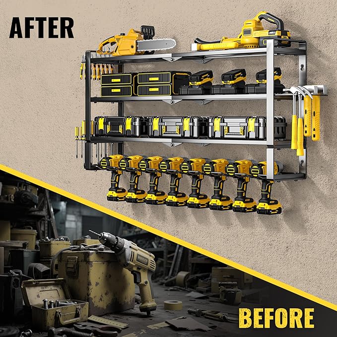 Large Power Tool Organizer Wall Mount, Heavy Duty Metal Tool Storage Rack Loads 400lbs, 8 Cordless Drill Holder 4 Layer, Battery Tools Hanger with Charging Station Shelf for Garage Organization