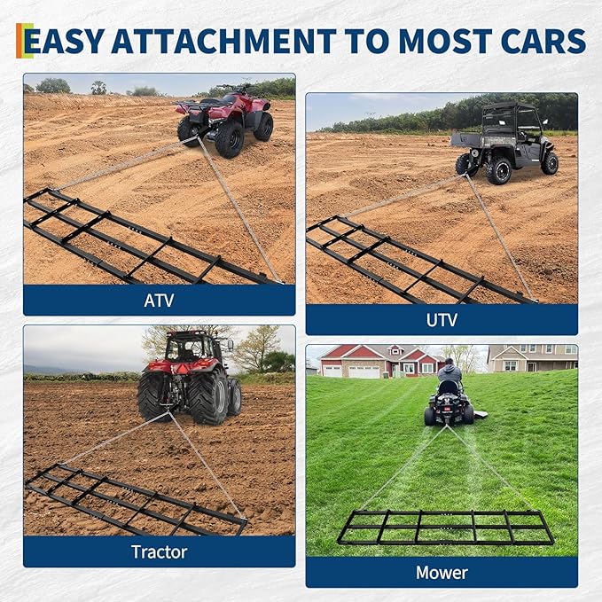 GarveeLife Drag Harrow Lawn Tractor, 8 ft Heavy Duty Driveway Drag with Chain for Gravel, 4 Safety Belts, Tow Behind Lawn Rake for ATV, Farm Field Garden