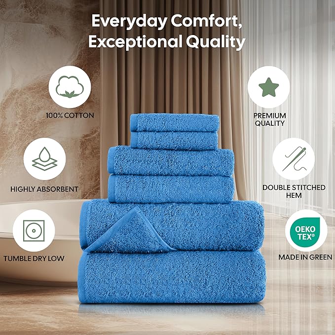 EcoNour Luxury 6-Piece Cotton Towel Set | 100% Navy Blue Turkish Cotton Towels for Bathroom, Spa, Gym & Hotel | Includes 2 Bath Towels, 2 Hand Towels, 2 Wash Cloths | Soft,Quick Dry & Highly Absorbent