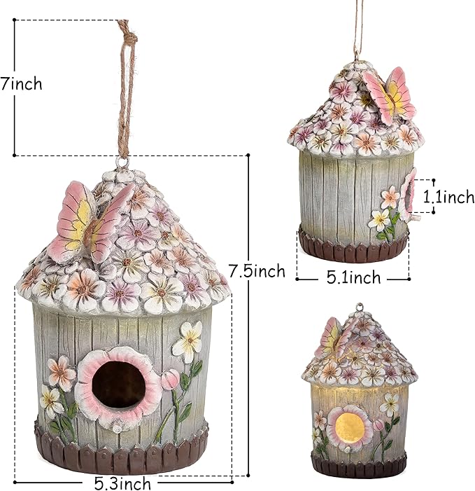 Hanging Bird House for Outdoor with Solar Light, Nesting Box Garden Resin Decor, Pet Cottage Birdhouse with Pole Decoration for Small Hummingbird Blue Bird Sparrow Chickadee