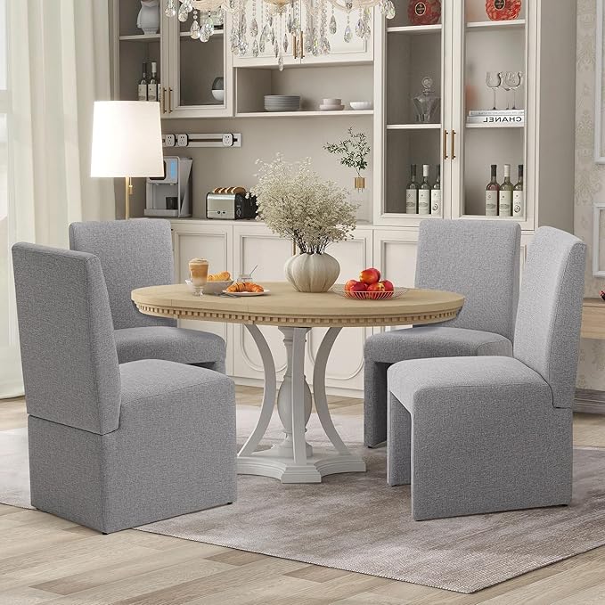 Upholstered Dining Chairs Set of 8 Modern Kitchen & Dining Room Chairs Linen Fabric Dining Chairs with Wooden Frame, Grey
