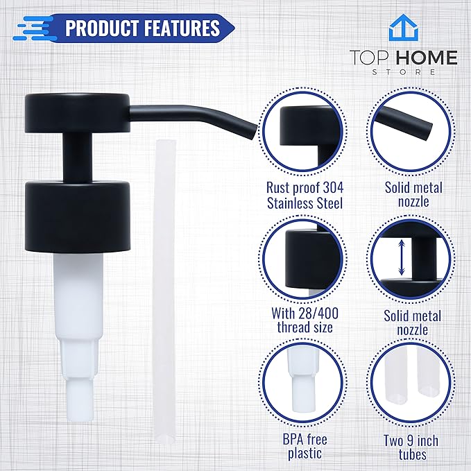 Elegant Flat Top Stainless Steel Soap and Lotion Dispenser Pumps (Black Matte, 2 Pack)