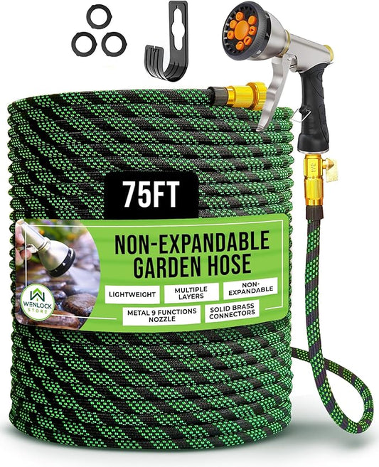 Garden Hose 75 ft, Lightweight, Sturdy Metal Nozzle 9 Spray, Heavy Duty, Leakproof Flexible Water Hose, Durable Multiple Layers, Solid Brass Connectors